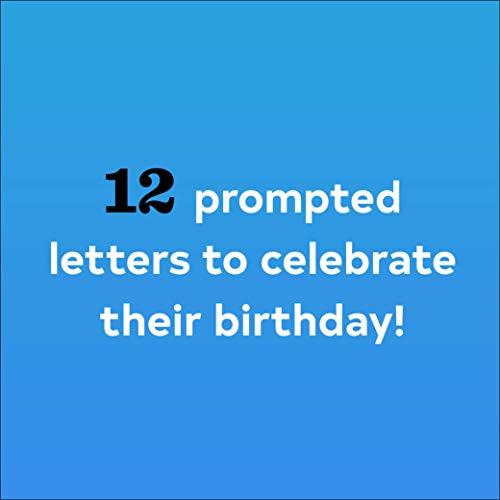 Blue square with black text: "12 prompted letters to celebrate their birthday!