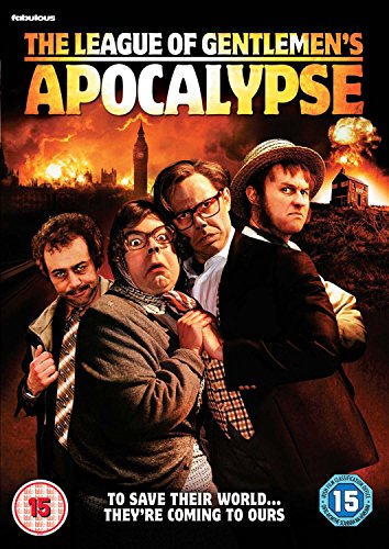 The DVD cover for "The League of Gentlemen's Apocalypse" shows four men in front of a burning cityscape.