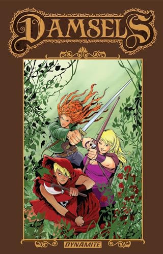 Three female warriors with weapons stand in a forest on the Damsels comic cover.