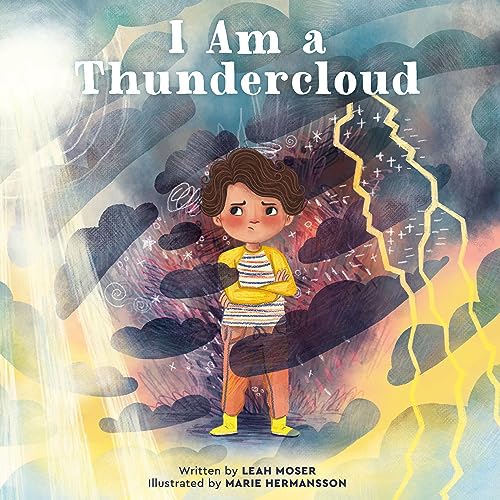 A child with crossed arms stands surrounded by dark storm clouds and lightning bolts.