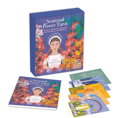 Tarot deck box and sample cards with floral and portrait imagery.