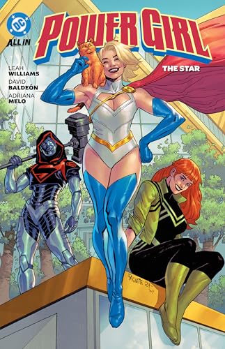Power Girl in blue suit with a cat, with two supporting characters.