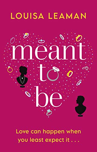 Book cover with pink heart design, silhouettes, and title "meant to be".