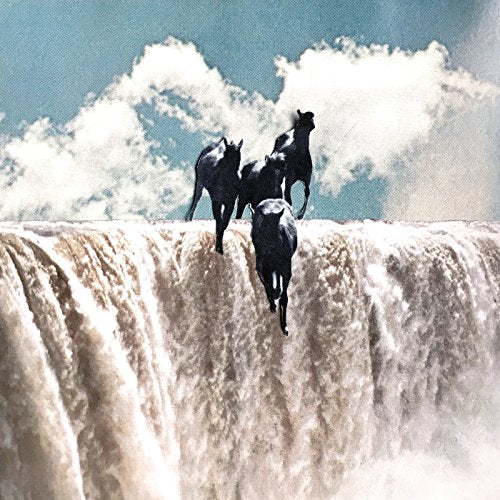 Four dark horses stand at the edge of a waterfall against a cloudy sky.
