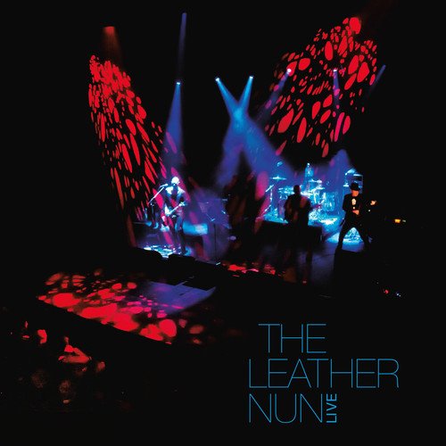 "Blue vinyl record with album cover featuring a band performing on stage under red and blue lights."