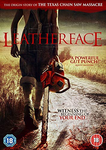 DVD cover for "Leatherface" showing a figure with a chainsaw in a field.