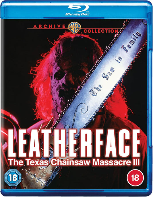 Blu-ray cover featuring Leatherface holding a chainsaw with the text The Saw is Family.