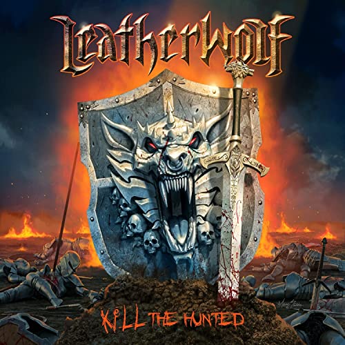 Leatherwolf album cover: shield with wolf’s head, sword, and battlefield scene.