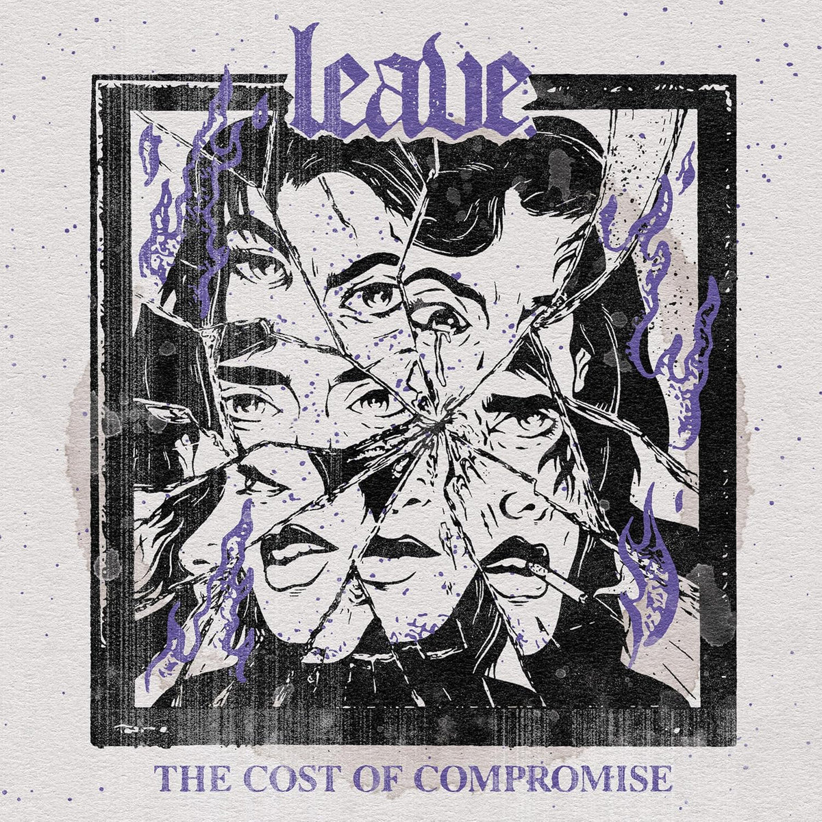 CD cover art: fractured faces with purple flames, titled "Leave.