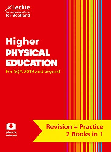 Red textbook cover for Higher Physical Education SQA exams, with colorful stripes.