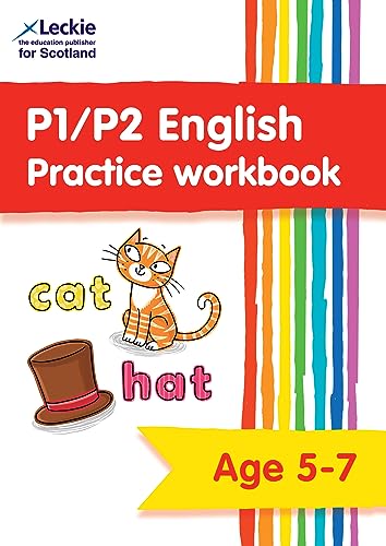 English practice workbook cover with a cat, hat, and colorful stripes.