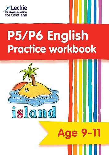 Red workbook cover with island illustration, text “P5/P6 English Practice Workbook”.