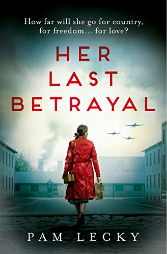 Book cover: woman in red coat walking towards buildings, wartime planes above.