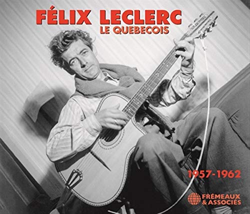 Black and white portrait of Félix Leclerc playing an acoustic guitar.
