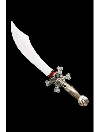 Curved toy pirate sword with a white blade and a skull-shaped handle.