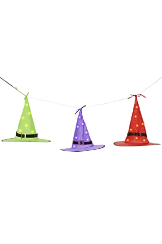 Three illuminated witch hats hanging on a white background.