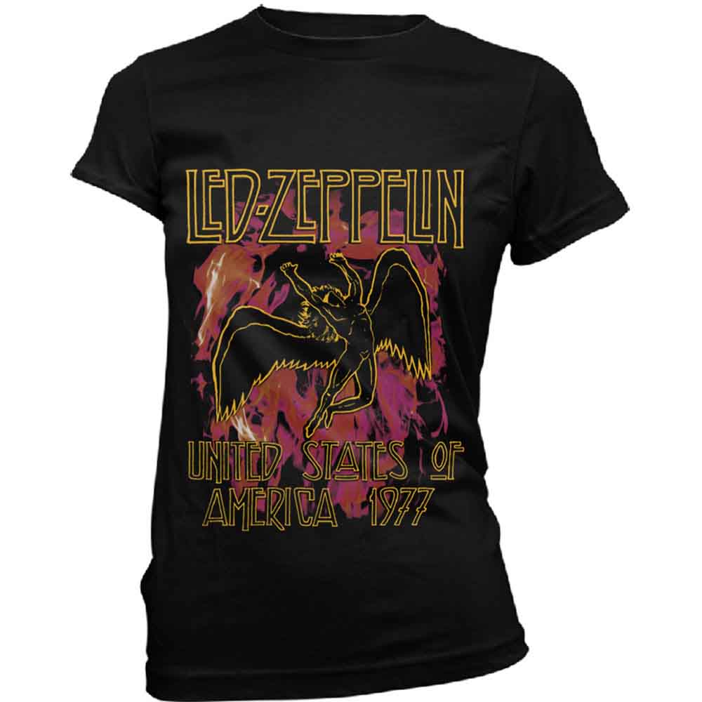 Black Led Zeppelin t-shirt featuring a winged figure, flames, and 1977 tour text.