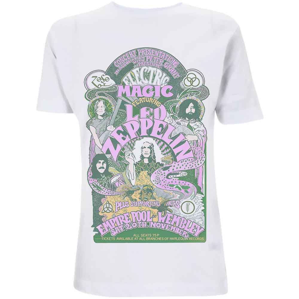 White women's t-shirt with colorful Led Zeppelin "Electric Magic" band logo.