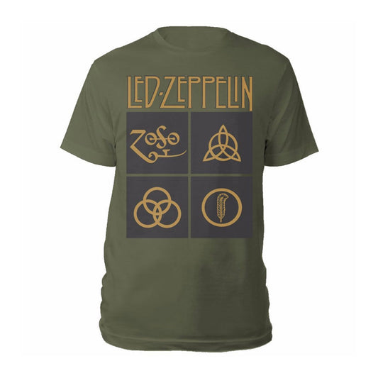 Green Led Zeppelin t-shirt with gold band symbols graphic.