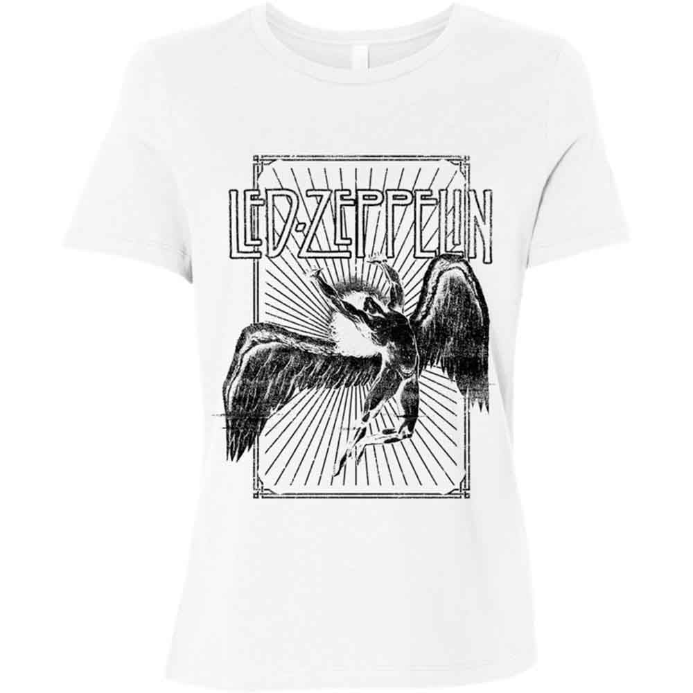 White women’s t-shirt with black Led Zeppelin Icarus logo graphic.