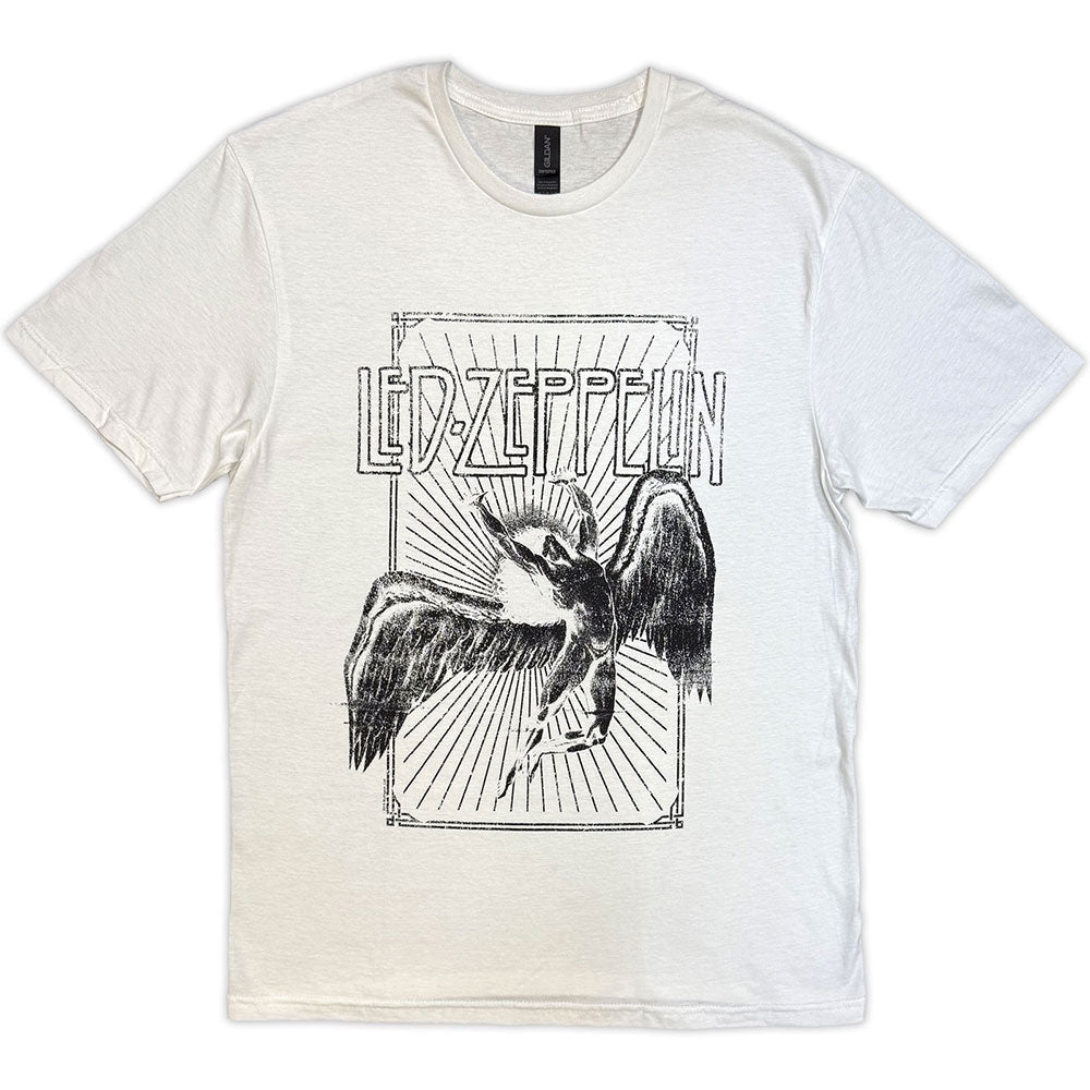 White t-shirt with black and white Icarus graphic and "Led Zeppelin" text.