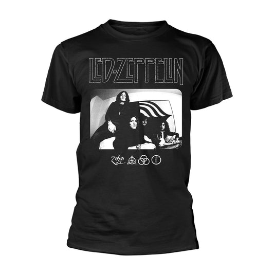 Black Led Zeppelin t-shirt with band photo and symbols.