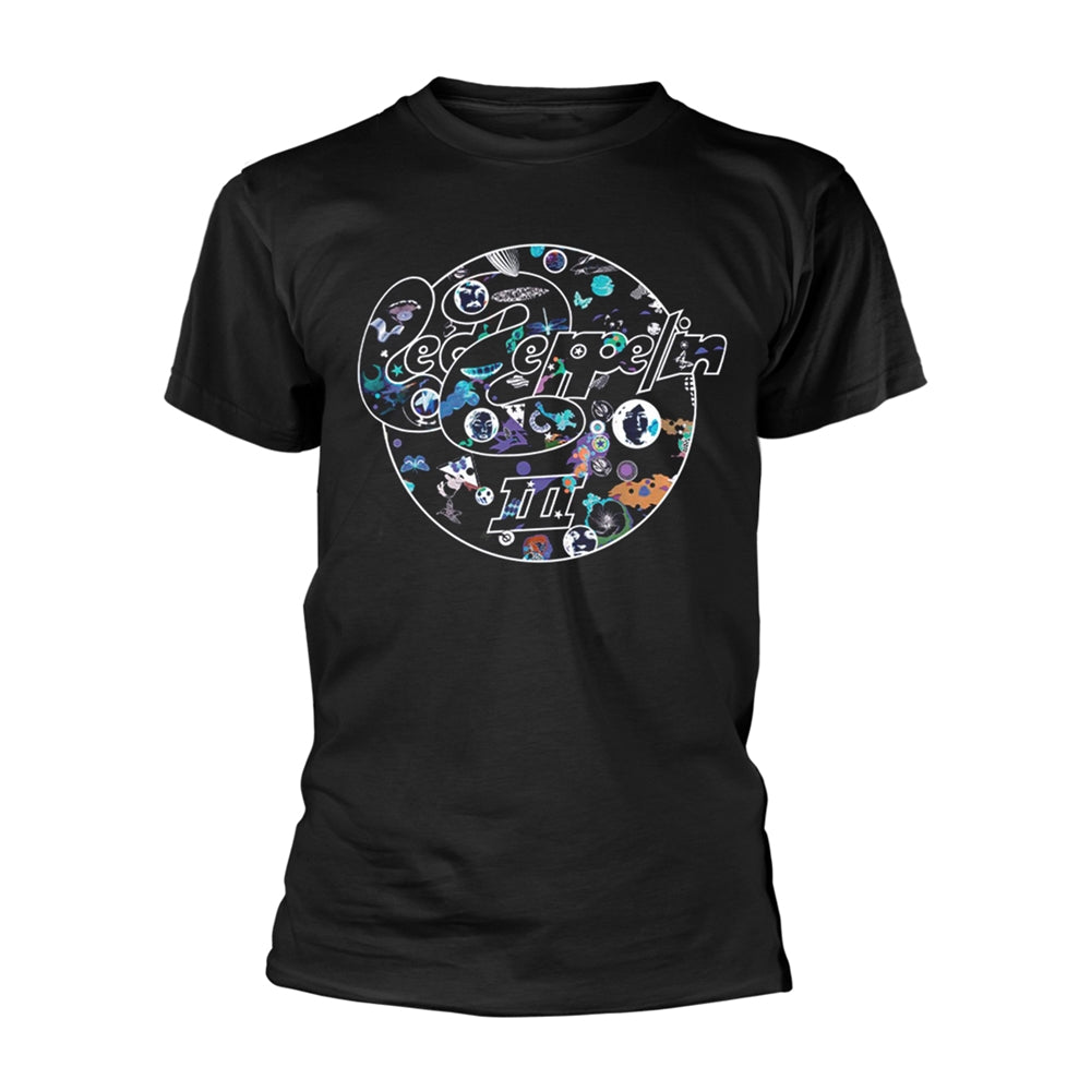 Black t-shirt with a circular Led Zeppelin III album art design.