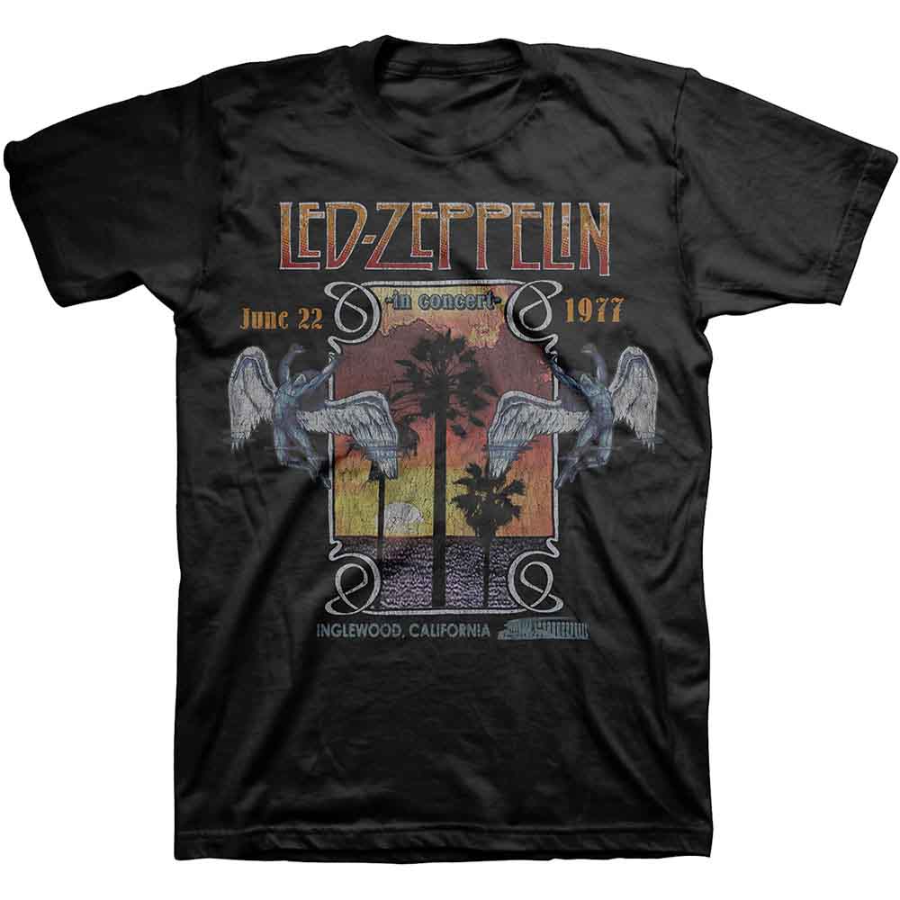 Black Led Zeppelin concert t-shirt with winged figures and palm trees.