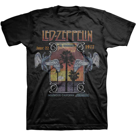 Black Led Zeppelin concert t-shirt with winged figures and palm trees.