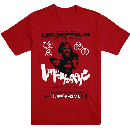 Red short-sleeved t-shirt featuring a vintage Led Zeppelin concert poster graphic in black and white.
