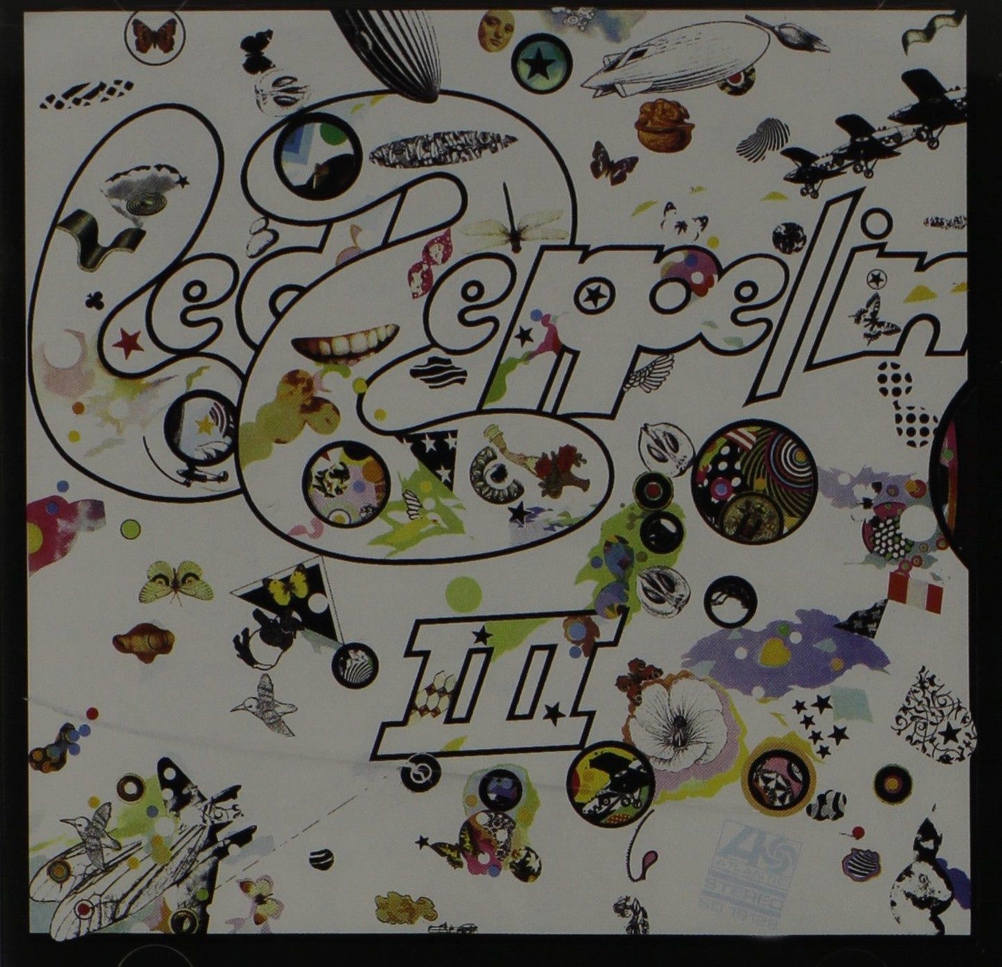 Led Zeppelin III album cover: colorful collage with band name and number.