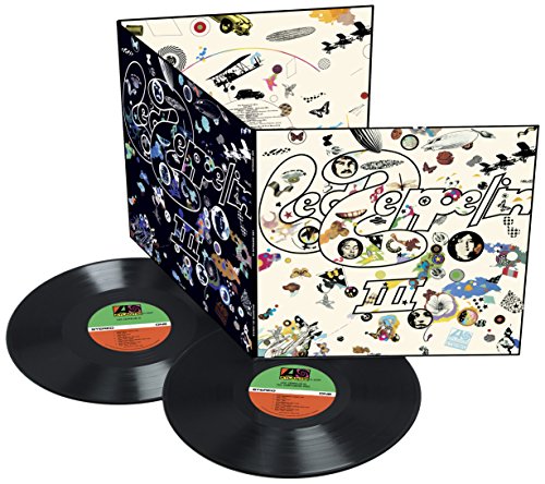 The alt text for the image is: "Led Zeppelin III vinyl album cover with colorful collage and abstract design."