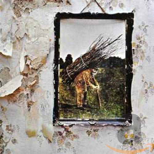 Led Zeppelin IV album cover: man with bundles on back, rural scene.