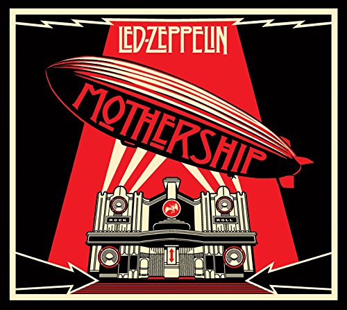 Led Zeppelin “Mothership” album cover: airship over a rock concert stage.