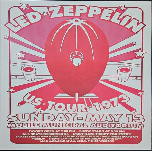 1973 Led Zeppelin tour poster with red and white graphic design.