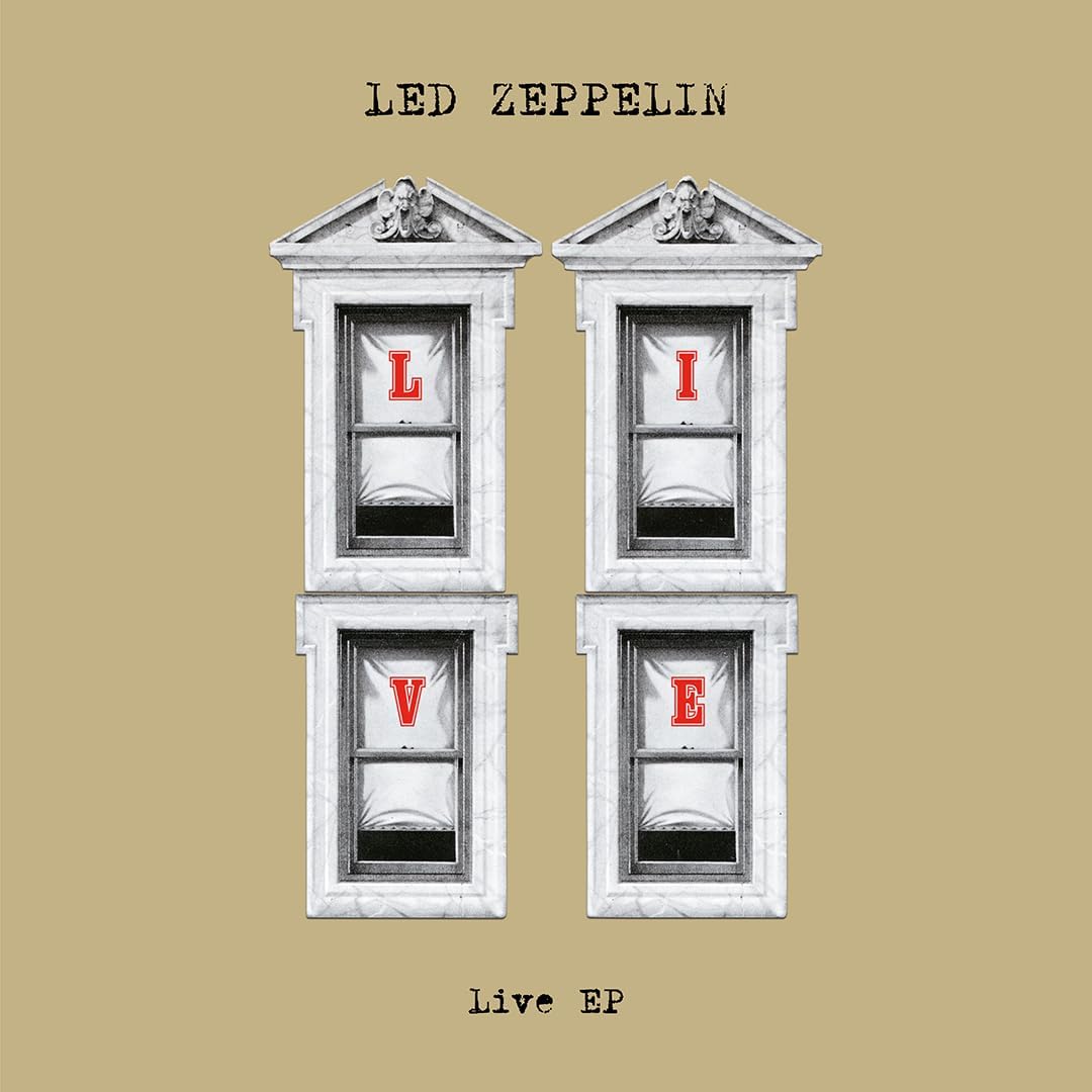 Led Zeppelin Live EP album cover with letters in window frames.