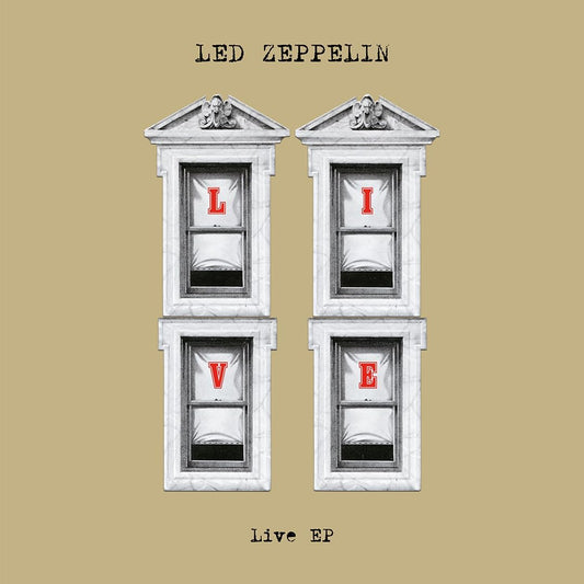 Led Zeppelin Live EP album cover with letters in window frames.