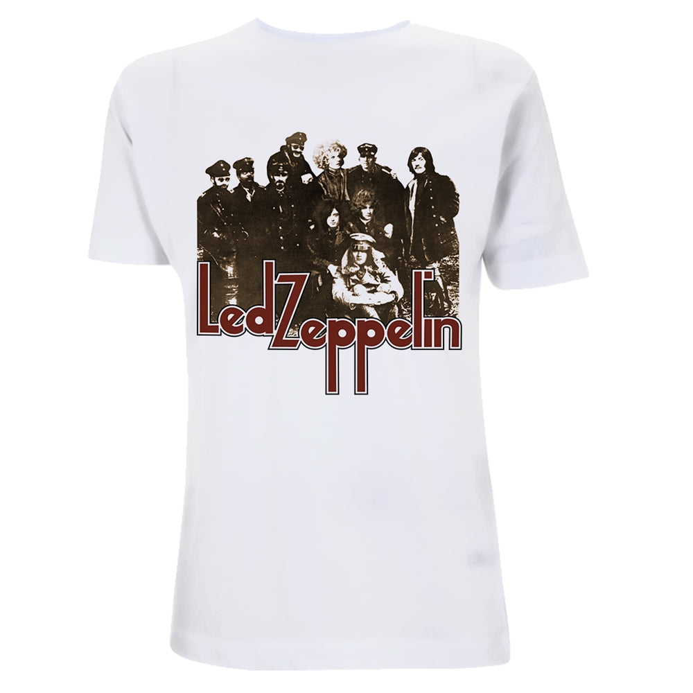 White t-shirt with a sepia-toned Led Zeppelin band photo graphic.