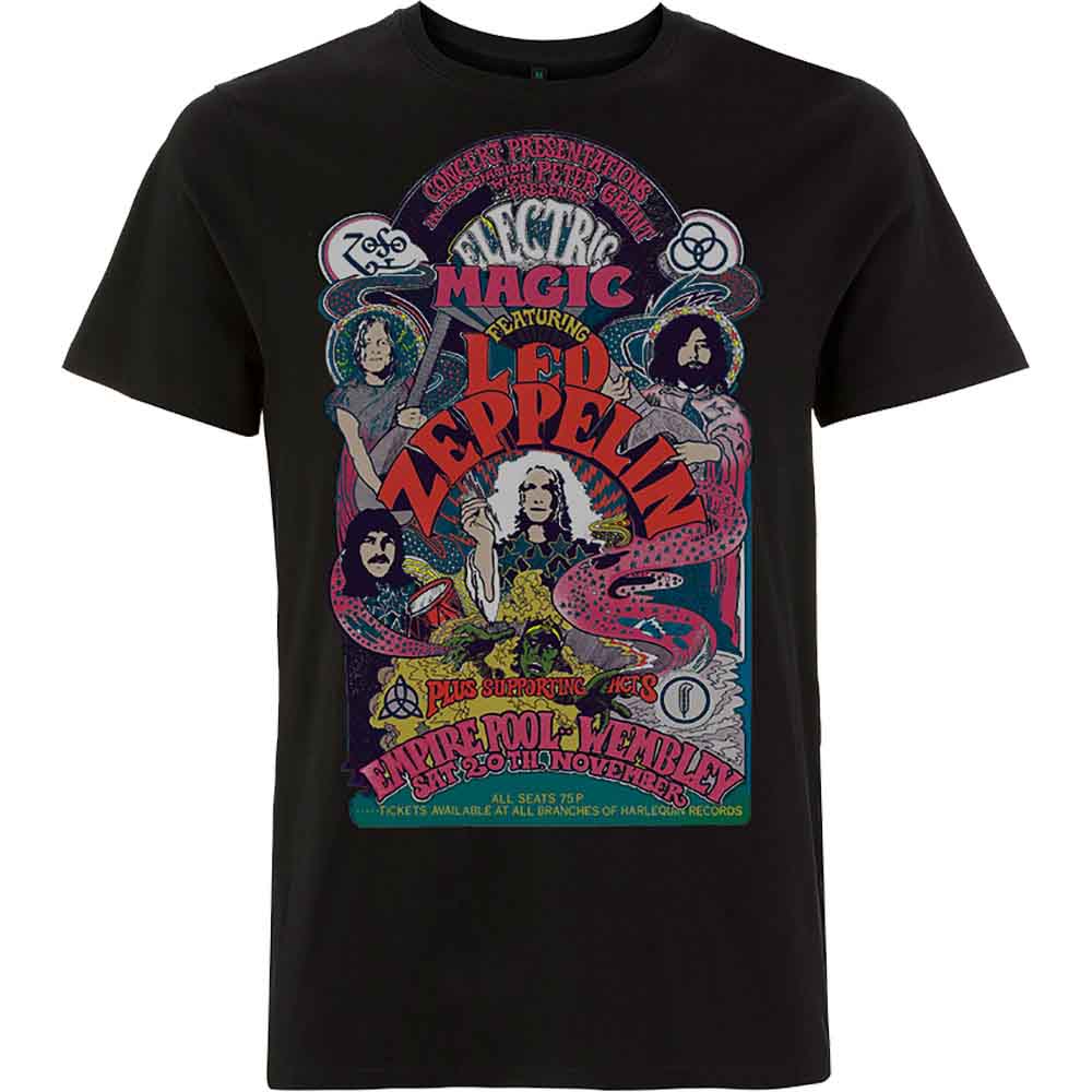 Black t-shirt with colorful Led Zeppelin concert poster graphic.