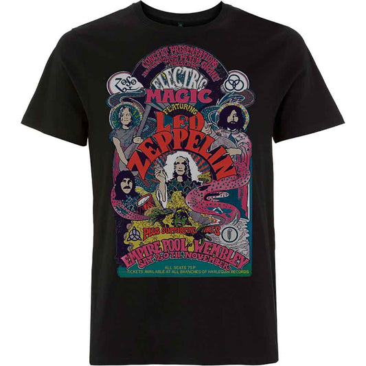 Black t-shirt with colorful Led Zeppelin concert poster graphic.