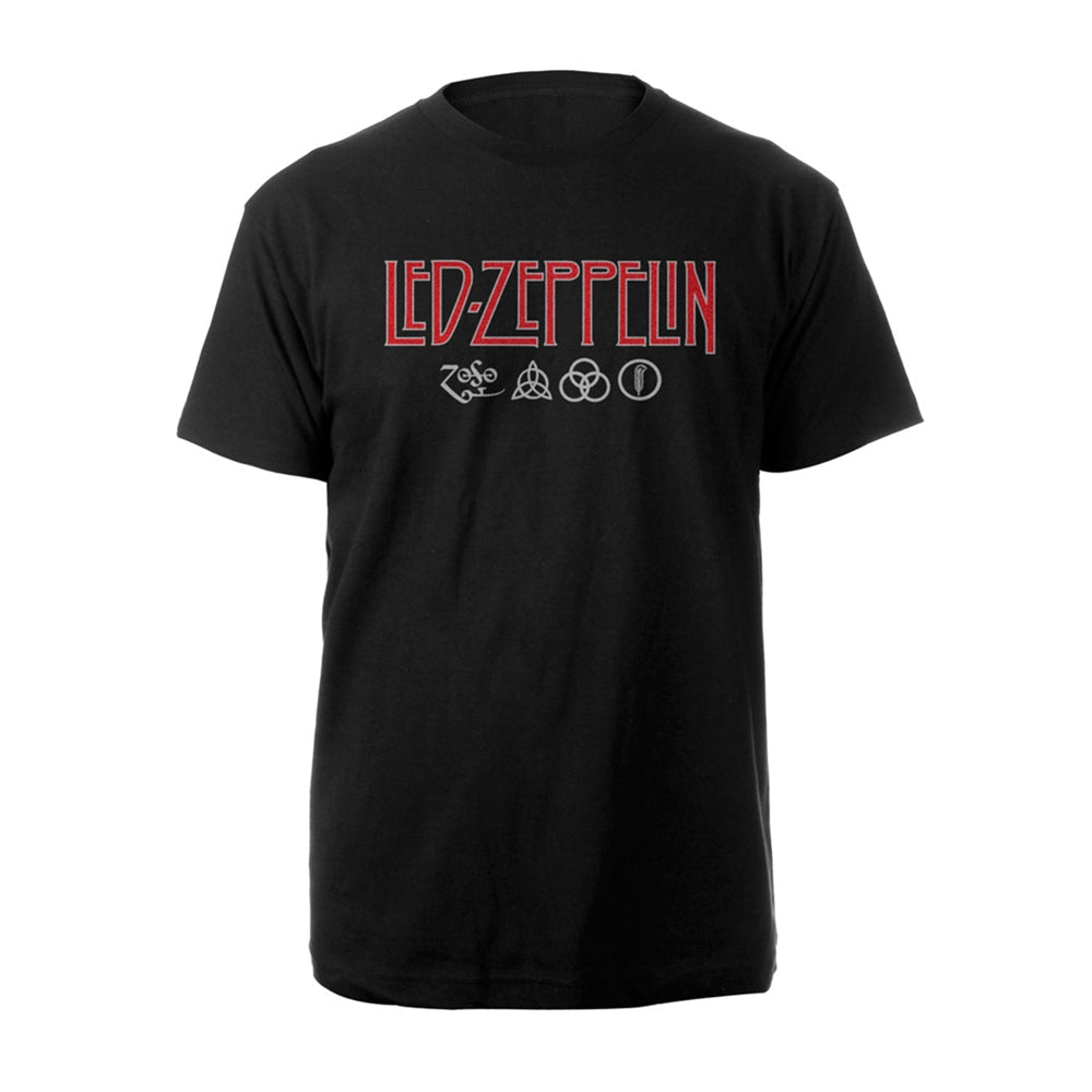 Black t-shirt with red Led Zeppelin logo and symbols printed on chest.