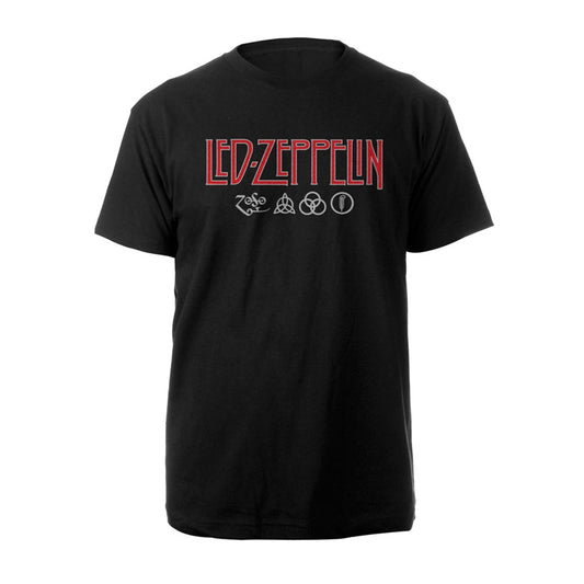 Black t-shirt with red Led Zeppelin logo and symbols printed on chest.