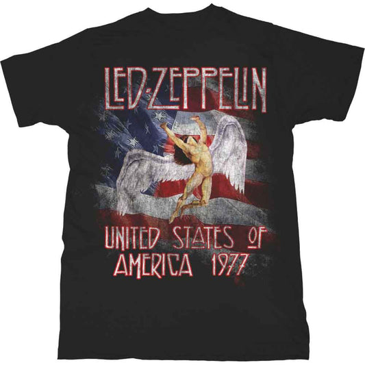 A man wearing a black Led Zeppelin t-shirt with a winged figure and American flag.
