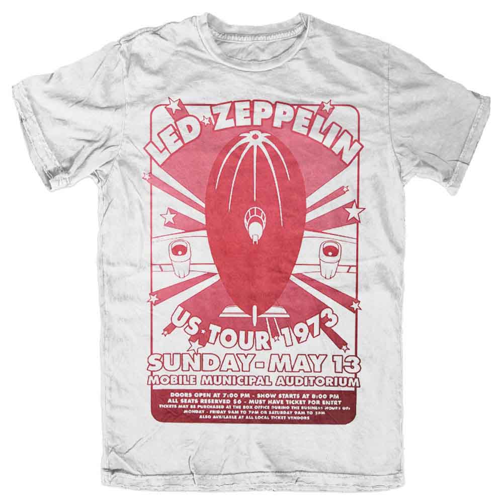 White Led Zeppelin t-shirt with a red and burgundy 1973 tour graphic.