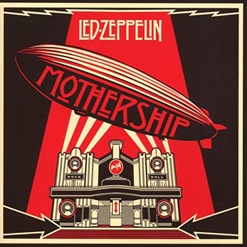 Led Zeppelin “Mothership” album cover: airship over a steam train.