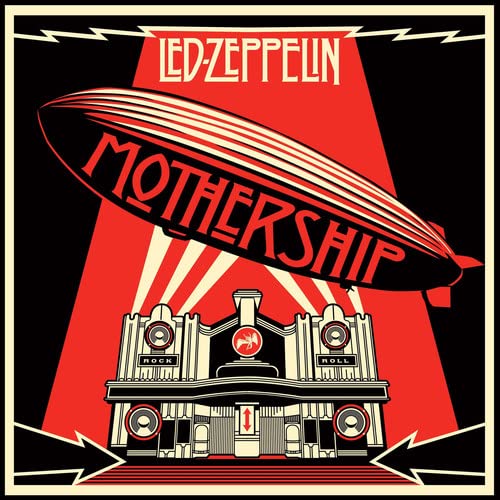 Led Zeppelin “Mothership” album cover: airship over a building.