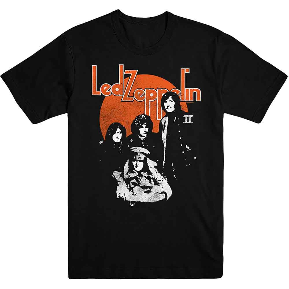 Black t-shirt featuring a Led Zeppelin logo over an orange circle and band members.