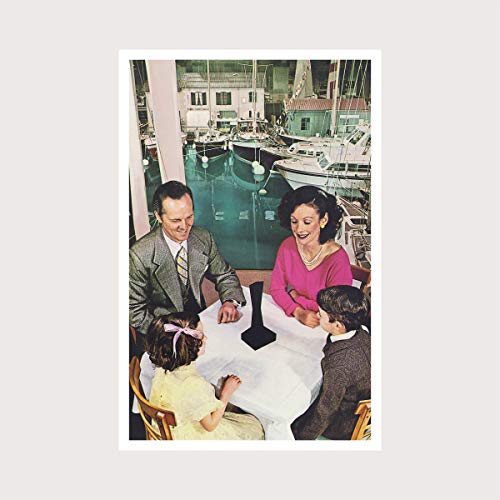 "Album cover featuring a family dining by a marina, with 'Led Zeppelin Presence' text."