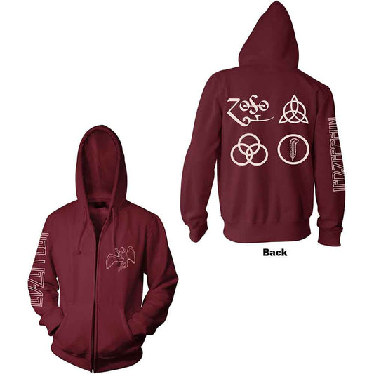 Maroon zip-up hoodie with Led Zeppelin symbols on chest and sleeve.