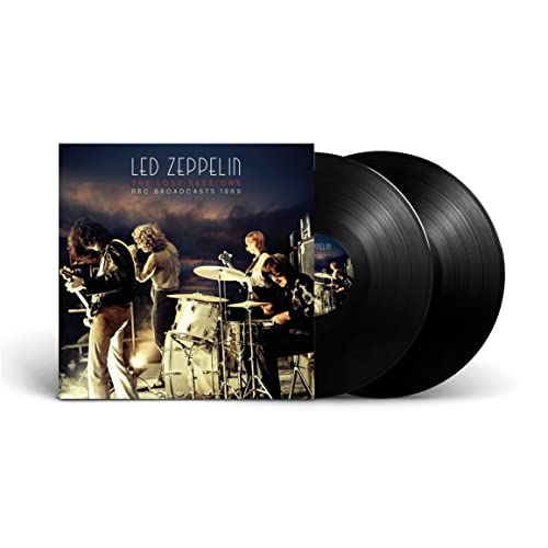 Led Zeppelin vinyl record set with band image and two black discs.